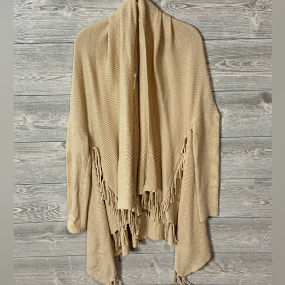 Cream/Tan color Long Duster with Fringe, Open front Cardigan, Size Small - Picture 5 of 7